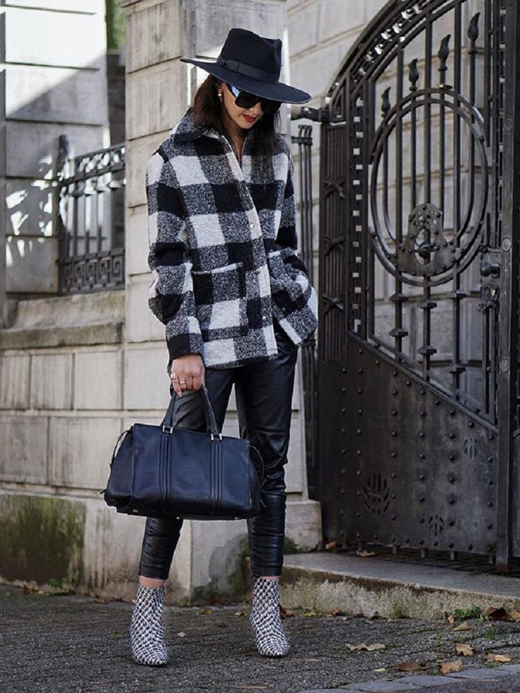 Vintage Plaid Woolen Jacket Fashion Women Autumn Thick Check Shirt Jacket Elegant Ladies Turn-Down Collar Coats