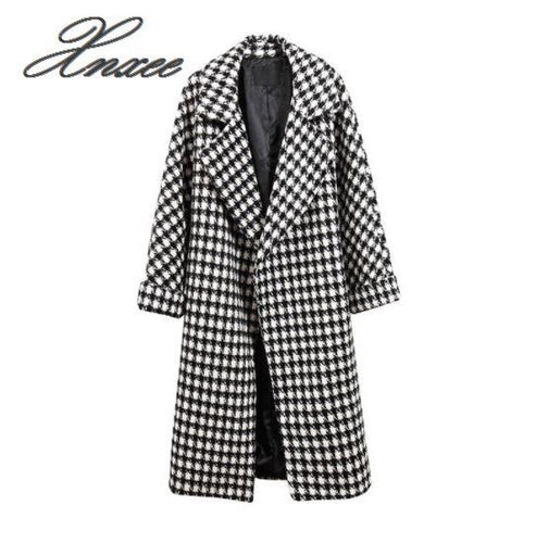 Xnxee2019 Korean version of the new loose houndstooth woolen coat female long section over the knee coat S-3XL