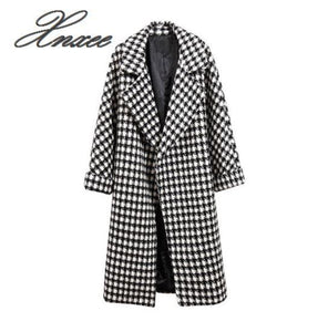 Xnxee2019 Korean version of the new loose houndstooth woolen coat female long section over the knee coat S-3XL