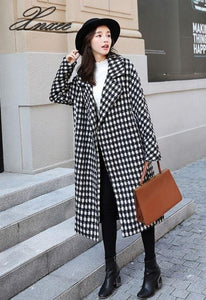 Xnxee2019 Korean version of the new loose houndstooth woolen coat female long section over the knee coat S-3XL