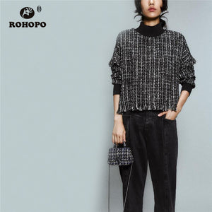 ROHOPO Elastic Semi High CollarLantern Long Sleve Tweed Plaid Blend Coat Sleeve and Hem Tassel Pullover Autumn Outwear #9807