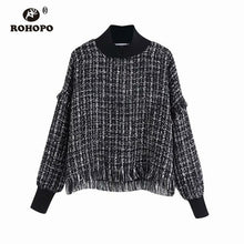 Load image into Gallery viewer, ROHOPO Elastic Semi High CollarLantern Long Sleve Tweed Plaid Blend Coat Sleeve and Hem Tassel Pullover Autumn Outwear #9807