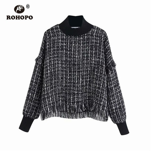 ROHOPO Elastic Semi High CollarLantern Long Sleve Tweed Plaid Blend Coat Sleeve and Hem Tassel Pullover Autumn Outwear #9807