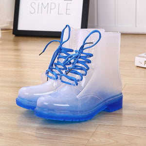 Aleafalling Women Rain Boots Mature Lady Lace Up Waterproof Lady Shoes Transparent Candy Color Ankle Outdoor Girl's Shoes AWBT41