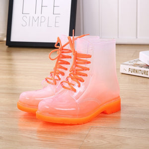 Aleafalling Women Rain Boots Mature Lady Lace Up Waterproof Lady Shoes Transparent Candy Color Ankle Outdoor Girl's Shoes AWBT41