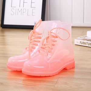 Aleafalling Women Rain Boots Mature Lady Lace Up Waterproof Lady Shoes Transparent Candy Color Ankle Outdoor Girl's Shoes AWBT41