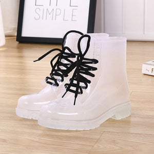 Aleafalling Women Rain Boots Mature Lady Lace Up Waterproof Lady Shoes Transparent Candy Color Ankle Outdoor Girl's Shoes AWBT41